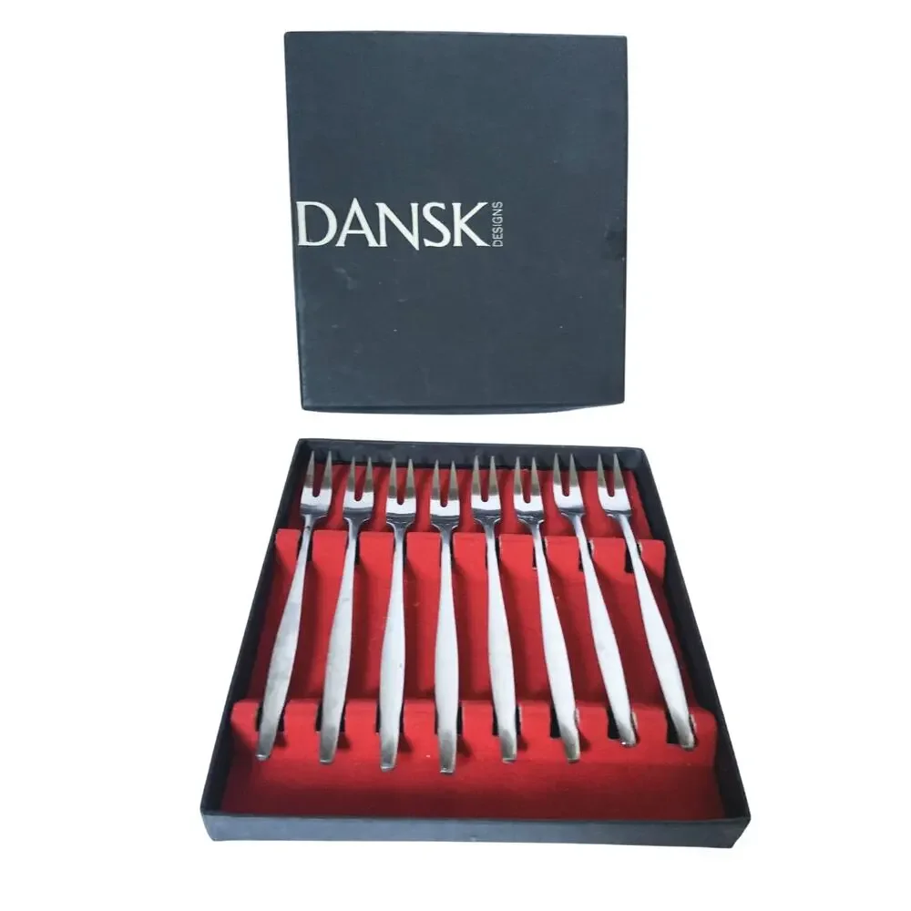 Vintage Dansk Shrimp Forks Set of 8 in Original Box w Small Tear in Side Edge